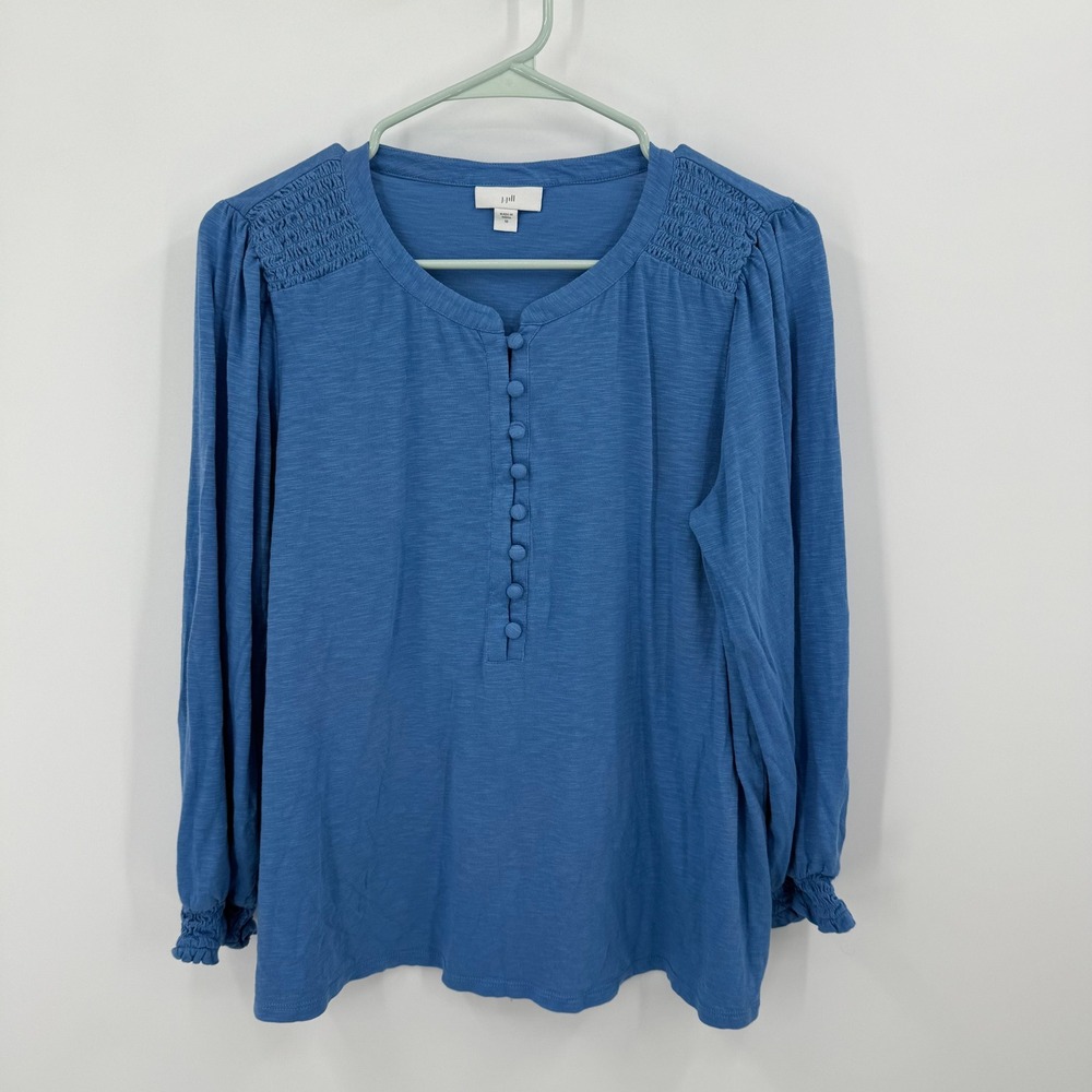 J Jill Blue Long Sleeve Smocked Neck Button Front Tencel Cotton Blend Top Medium